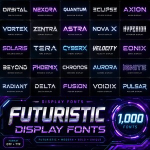Pacote com 1000 fontes futuristas para exibição | Pacote de fontes de ficção científica | Coleção de fontes para jogos | Tipografia cyberpunk | Fontes OTF e TTF | Download digital