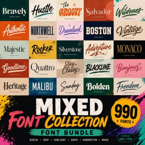 Può includere: Una grafica digitale che mostra una griglia di 25 campioni di caratteri con nomi come Bravely, Hustle e Monaco. La sezione inferiore include il testo in grassetto bianco e giallo Mixed Font Collection 990 Fonts Bundle in stile pennello.