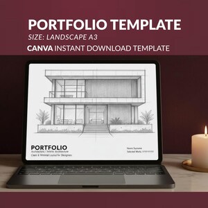 Puede incluir: Una computadora portátil muestra una plantilla de portafolio con un boceto arquitectónico moderno. Se ve el texto "PORTFOLIO TEMPLATE" y "CANVA INSTANT DOWNLOAD TEMPLATE". Una vela encendida está a la derecha.