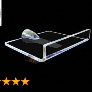 May include: A clear acrylic shelf with a rectangular base and a raised back edge. The shelf features a smooth, transparent surface and a curved support structure. A circular logo with the text HiProgress and five orange stars are visible.