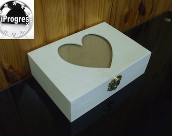 6.7X4.7X2.0 Inch Unfinished Hinged Wooden Box with Glass Lid and Heart Cutout Photo Frame