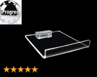 Prateleira quadrada de parede em acrílico transparente com borda e um suporte.