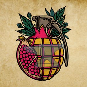 May include: A graphic illustration of a hand grenade combined with a pomegranate fruit. The object features a yellow grid pattern, a section of red pomegranate seeds, a metal pin, and green leaves, all set against a textured beige background.