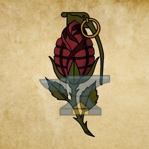May include: A graphic illustration of a hand grenade shaped like a rosebud with deep red petals, a green stem with leaves, and a gold pull ring. The design features a dark olive green safety lever and a textured, parchment-colored background.