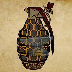 May include: A hand grenade illustration featuring a dark grey body with a yellow honeycomb pattern. A small bee with red wings rests on the gold pull ring. The top lever is red, and the overall design uses bold black outlines on a textured tan background.