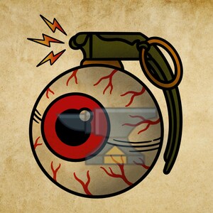 May include: A graphic illustration of a hand grenade shaped like a human eyeball with a red iris and black pupil. The grenade features a dark green handle and a pull ring, with three orange lightning bolt symbols radiating from the top left side.