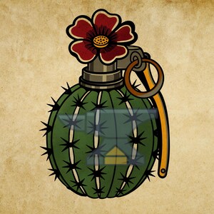 May include: A graphic illustration of a green, spherical cactus shaped like a hand grenade, featuring black spines, a metallic top mechanism with a pull ring, and a dark red flower with yellow center petals blooming from the top of the device.