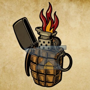 May include: A stylized illustration of a hand grenade shaped lighter with an open lid and a bright orange and red flame emerging from the top. The grenade body features a textured grid pattern in shades of brown with a metal ring pull on the side.