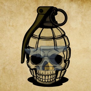May include: A graphic illustration of a hand grenade shaped like a human skull. The grenade features a segmented, off-white bone-colored surface with deep black outlines, a dark olive green safety lever, and a black metal pull ring at the top.