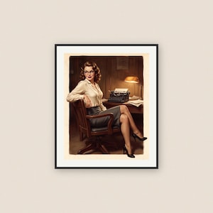May include: A framed vintage-style print featuring a woman in a white blouse, gray pencil skirt, and black heels, seated at a desk with a typewriter. She wears glasses and is in a wooden chair. A desk lamp illuminates the scene.