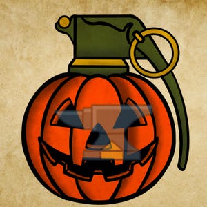 May include: A graphic illustration of a bright orange jack-o'-lantern pumpkin shaped like a hand grenade. The pumpkin features a carved face with triangular eyes and a jagged mouth, topped with a dark olive green metal fuse assembly and a gold ring.