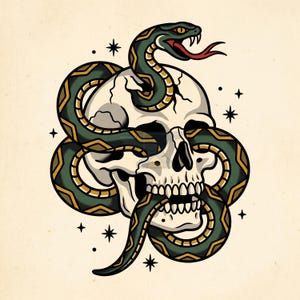 Tattoo Flash Art Print American Traditional Snake Skull Digital Download Wall Art