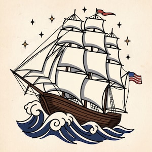 Puede incluir: Ilustración de un velero navegando sobre olas azules, con velas blancas y un casco marrón. El barco tiene una bandera estadounidense y una bandera roja. Estrellas rodean el barco sobre un fondo crema.