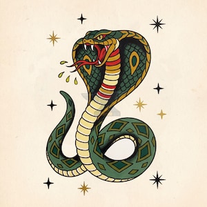 May include: An illustration of a cobra snake in a traditional tattoo style. The snake is green, yellow, and red, with diamond patterns on its body. The background is cream-coloured with black and gold star accents.