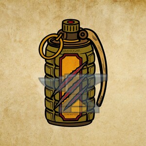 May include: An olive green grenade-shaped container with a yellow central label featuring three red claw marks. The label text reads ZERO SUGAR and WEIGHT LOSS GUARANTEED. The object includes a pull ring and a curved handle on the side.