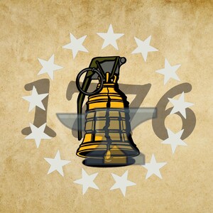 May include: A graphic illustration featuring a golden bell shaped like a hand grenade with a crack down the center. The bell is centered over a gray anvil silhouette and the number 1776, surrounded by a circular arrangement of thirteen white stars.