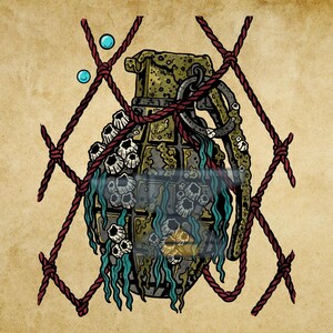 May include: A hand grenade illustration covered in barnacles and green seaweed, positioned behind a dark red rope net. The grenade has a textured, weathered surface with a metal pin and handle, accompanied by two small light blue bubbles floating above.