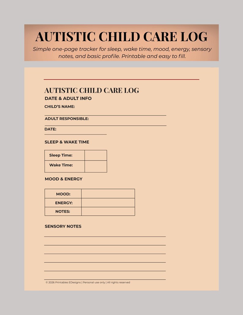 Autistic Log Autistic Children Care Log - Etsy
