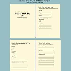 Könnte beinhalten: Ein beigefarbenes Autism Sleep Log im US Letter-Format (21,6 x 27,9 cm) mit vier Seiten. Auf dem Cover steht "Autism Sleep Log" und "Daily Sleep & Wake Tracking". Im Inneren befinden sich Abschnitte für Schlaflogs, Kommunikation und Wochenzusammenfassungen.