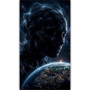 Peut inclure: Une silhouette humanoïde sombre et texturée, dotée d'une tête à la surface mécanique fragmentée, surplombe une Terre lumineuse. L'arrière-plan présente des nébuleuses cosmiques bleu profond et des étoiles, avec un croissant de lune visible.