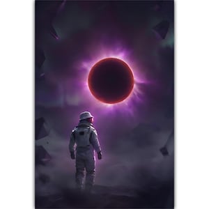 Peut inclure: Un astronaute en combinaison spatiale blanche fait face à un grand corps céleste rouge foncé entouré d'une lueur violette vibrante. L'arrière-plan présente des formes géométriques flottantes et une atmosphère sombre et nuageuse, créant une scène de science-fiction.