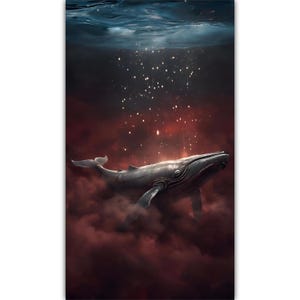 Peut inclure: Impression numérique d'une baleine nageant dans une scène sous-marine surréaliste. La baleine est grise, avec un fond rouge foncé et noir. La lumière brille d'en haut, créant une atmosphère onirique. L'œuvre est un rectangle vertical.