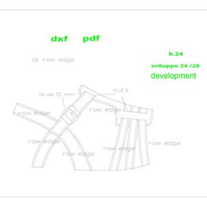 Può includere: Un disegno tecnico a linee di un cartamodello per sandali con etichette per formati dxf e pdf, b.24, sviluppo 24/28, development, fb da 12 mm, cuts e molteplici indicatori per raw edge. Il design mostra il posizionamento di cinturini e fibbie.