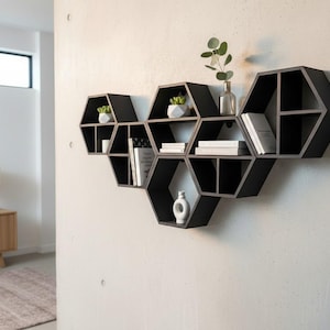 Könnte beinhalten: Schwarzes, sechseckiges Wandregal mit mehreren Fächern. Die Regale sind mit kleinen Topfpflanzen, Büchern und einer Vase dekoriert. Das Regal ist an einer hellgrauen Wand befestigt und bietet eine moderne Präsentation.