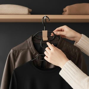 May include: A brown leather jacket and a black shirt hang on a black hanger. A person's hands are adjusting the hanger. Two folded jumpers sit on a wooden shelf above.