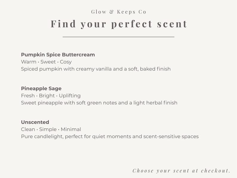 May include: Cream-colored graphic with text from Glow & Keeps Co. The text reads "Find your perfect scent" and lists three scent options: Pumpkin Spice Buttercream, Pineapple Sage, and Unscented.