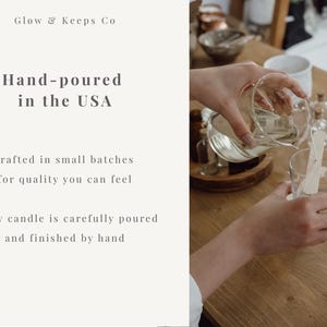 May include: A person pouring liquid from a beaker into a clear glass. The text on the left reads "Glow & Keeps Co" and "Hand-poured in the USA." The image suggests the creation of hand-poured candles.