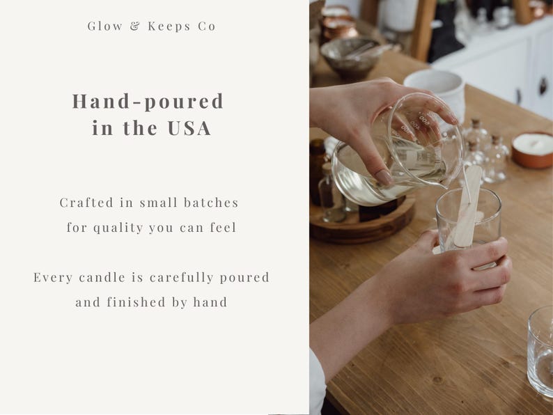 May include: A person pouring liquid from a beaker into a clear glass. The text on the left reads "Glow & Keeps Co" and "Hand-poured in the USA." The image suggests the creation of hand-poured candles.