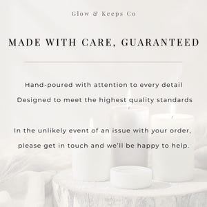 May include: White pillar candles with lit flames, alongside a small tea light, are displayed on a rustic wooden surface. The text reads "MADE WITH CARE, GUARANTEED" and highlights the product's quality and attention to detail.