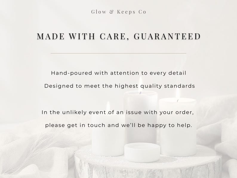 May include: White pillar candles with lit flames, alongside a small tea light, are displayed on a rustic wooden surface. The text reads "MADE WITH CARE, GUARANTEED" and highlights the product's quality and attention to detail.