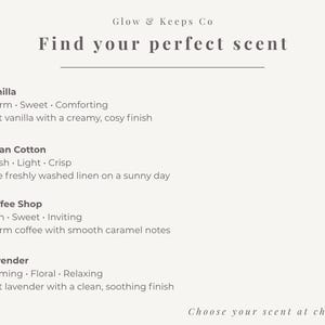 May include: A cream-colored graphic with the text "Glow & Keeps Co" and "Find your perfect scent." Descriptions of Vanilla, Clean Cotton, Coffee Shop, and Lavender scents are listed below. The text "Choose your scent at checkout" is at the bottom.
