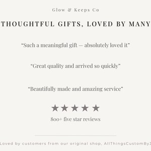 May include: Cream-colored graphic with the text "Glow & Keeps Co" and "Thoughtful Gifts, Loved by Many." Includes customer testimonials and five-star review count. The bottom text reads "Loved by customers from our original shop, AllThingsCustomByJ."