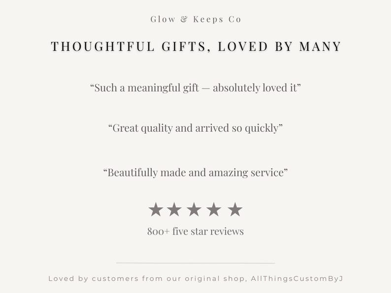 May include: Cream-colored graphic with the text "Glow & Keeps Co" and "Thoughtful Gifts, Loved by Many." Includes customer testimonials and five-star review count. The bottom text reads "Loved by customers from our original shop, AllThingsCustomByJ."