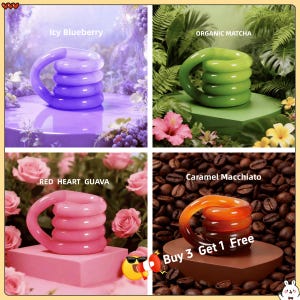 May include: Four colorful mugs with unique, coiled designs. The mugs are in shades of purple, green, pink, and orange, each with a different flavor name: Icy Blueberry, Organic Matcha, Red Heart Guava, and Caramel Macchiato. The Caramel Macchiato mug has the text "Buy 3 Get 1 Free".