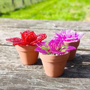 ビーズで飾られた多肉植物、テラコッタ鉢に入ったガラスシードビーズ、小さなデスク用植物装飾