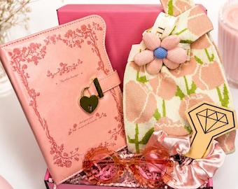 Caja de regalo personalizada para adolescente, set de regalo de diario rosa, lindo regalo de cumpleaños para ella, bolso de mano floral, regalo con nombre personalizado