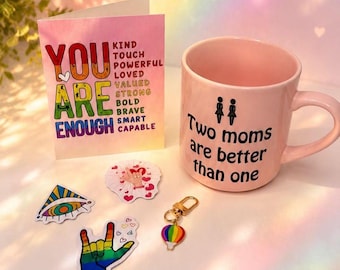 Caja de regalo Two Moms Pride, juego de tazas LGBTQ, regalo de autocuidado arcoíris