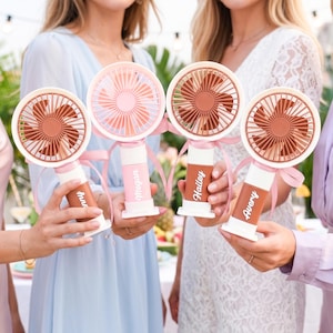 May include: Four handheld personal fans in pink and white, each with a different name printed on the handle: Anna, Megan, Hailey, and Avery. The fans have a pink ribbon and a brown fan blade.