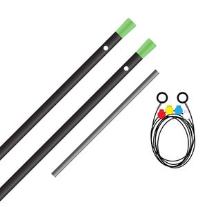 Puede incluir: Dos varas largas negras con tapas de extremo verde claro y pequeños orificios circulares, acompañadas de una varilla gris más delgada y un cable negro enrollado con dos anillos negros y cuatro conectores pequeños de colores rojo, amarillo, azul y blanco.