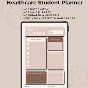 以下が含まれることがあります： 「Healthcare Student Planner」と「All-in-One」のテキストが入った、デジタルヘルスケア学生プランナー。毎日のタスク、学習トピック、優先事項、メモのセクションが含まれています。「Download Now」ボタン付き。