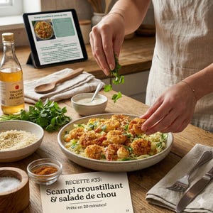 Op de afbeelding: Een persoon garneert een bord met krokante scampi en koolsalade met verse kruiden. Het gerecht wordt geserveerd in een grijze kom, samen met broodkruimels, kruiden en een fles appelciderazijn. Een tablet toont een recept.