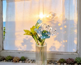 Custom Mini Clear Ribbed Glass Vase with Handmade Glass Flower Bouquet - Everlasting Desk Decor Graduation gift