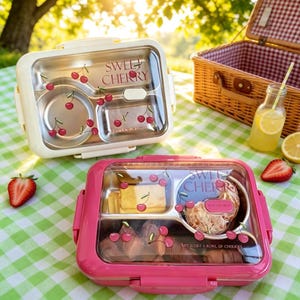 Personnalized Cherry Print Stainless Steel Bento Box - Custom Engraved Leakproof Lunch Container for Students Office