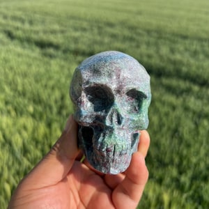 Ruby in Kyanite Crystal Skull Carving - 3.5" Hand-Carved UV Reactive Skull|Heart & Third Eye Chakra Healing|Spiritual Awakening Protection