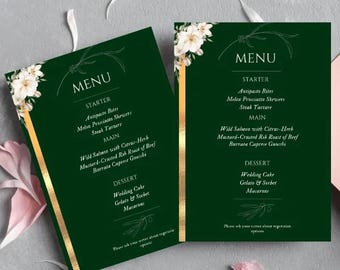 Elegant Green & Gold Floral Wedding Menu Template | Editable Event Dinner Menu Card | Modern Printable Reception Menu Design