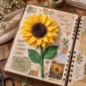 May include: A spiral-bound scrapbook page featuring a three-dimensional paper sunflower with yellow petals and a brown center. The page includes torn paper scraps with text reading Good Things Take Time, bloom, create, inspire, repeat, and A brighter day ahead.